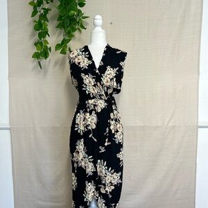 ASTR The Label Summer Floral Dress Black and Cream Ruffled Wrap Midi Dress